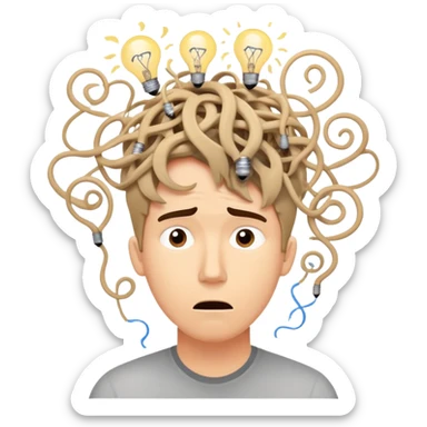 Person with a chaotic mind, swirling tornado of tangled thoughts around their head, containing question marks, light bulbs, and scribbles. The person has a bewildered, overwhelmed expression. sticker
