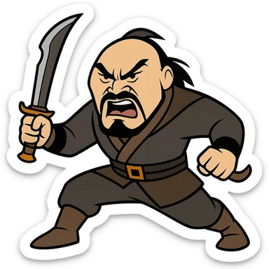 Show Shan Yu in a dynamic battle stance, full body, holding a weapon, looking seriously pissed off, transparent background, in the style of sticker (cartoonish stickers) sticker