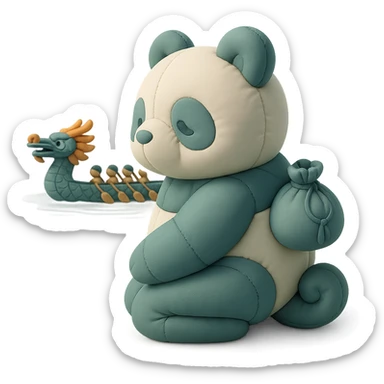 背着青绿色香囊的小熊猫，跪坐在河边看龙舟，尾巴卷卷可见，柔和蓝绿色调，cushion风格 sticker