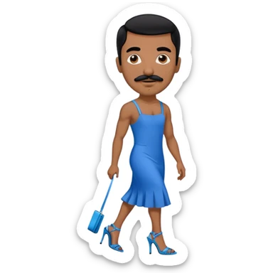 Man in a blue dress and blue strappy high heels with black hair and black mustache and brown skin sticker