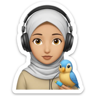 A hijabi girl with a medium skin tone wearing headphones with a small birdie on her head sticker