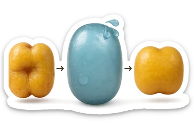 il processo di una cellula adiposa che si sgonfia, si gonfia di acqua e infine si appiattisce, 3d iperrealistica 4k, sfondo bianco sticker