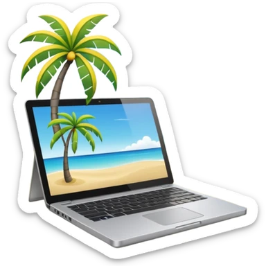 A minimalist emoji-style icon representing workation: An open laptop in the foreground on the beach. Background shows sea, sun, and a palm tree. No people, no text, clean and simple design like an emoji. sticker