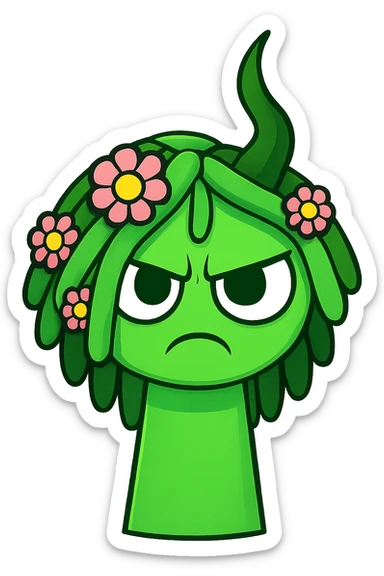 Add an angry, frowning expression to the green character with flower hair, maintaining the chibi stickers style with a transparent background. sticker