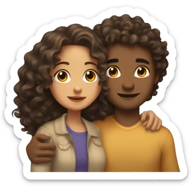 A girl with shoulder length curly hair and brown eyes hugging a dude with shoulder length curly hair that light skin and skinny sticker