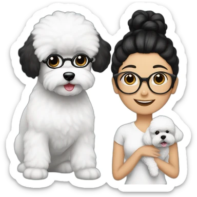 woman-black-hair-bun-with glasses-with bichon dog-white-smile-Christmas sticker