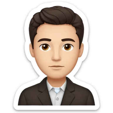 He’s a man with light to medium skin, a defined oval face, full brows, deep-set eyes, and wavy short dark brown hair styled with height, sides are trimmed. expression calm and focused relaxed black open-collar .polished, articulate, and coach vibe. sticker