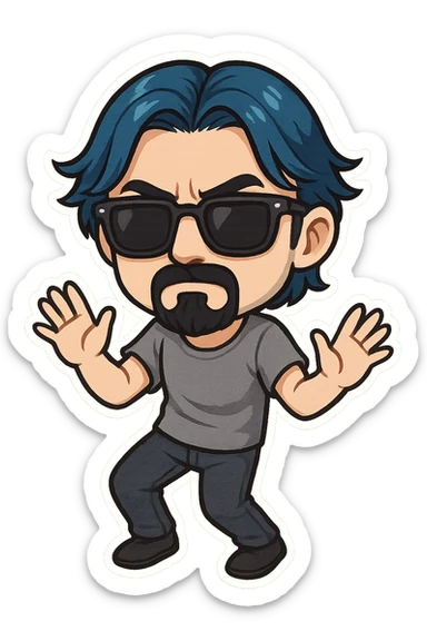a dark brooding hipster with electric dark blue hair, surfer middle part, chin length hair, classic neat trimmed bushy goatee, black classic rayban shades, plain gray t-shirt, doing the gimmie dance, maniac dance, 1980's dance sticker