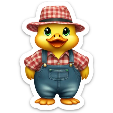 cute fluffy chubby baby duck with hand and wear green hat and red checkered shirt and jeans jumpsuit sticker