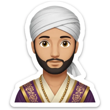 
-Apariencia: Joven de unos 25-30 años, atractivo,.
-Rostro: Ojos oscuros, piel ligeramente morena, rasgos árabes finos.
-Cabello: Negro, algo rizado o suelto, con barba fina.
-cuerpo entero  puede llevar una túnica más oriental, con faja y turbante sencillo sticker