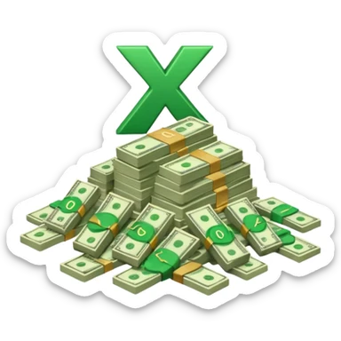 cash pile, make bills rectangular, next to a "10x" factor, looking like 10x CASH PILE, the number 10 and letter x, precede the cash pile, on the same level so it looks like "10x" and to its right, the cash pile sticker