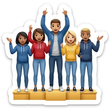multi-racial men and women standing on a winners’ podium with the middle podium position elevated, no numbers on the podium, each person casually dressed in fun clothing like jeans and hoodies, very excited, fun, expressive emoji style sticker