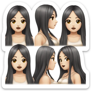 hime gyaru girl with LONG SILKY BLACK HAIR, with beige satin halter top with chest, very pale skin and pretty brown monolid eyes sticker