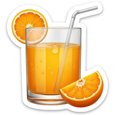 A glas of orange juice with a slice of orange next to it sticker