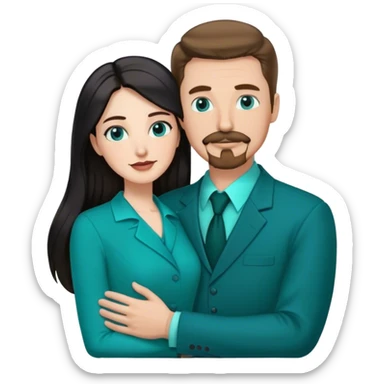 tall white man with brown hair goatee mustache hugging a pale woman with long black hair, wearing teal formal clothing sticker