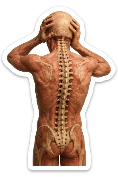 CORPO UMANO ANATOMICO con spina dorsale in evidenza, molto stanca e stressata mentre si tiene le mani sulla testa, IPERREALISTICO 4K sticker