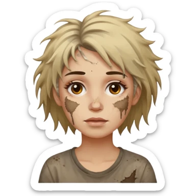 very dirty looking homeless woman very very dirty and smelly looking face only, not old with grey smudges everywhere and messy hair and lots of stains on face ugly and smudged face on forehead and chin sticker