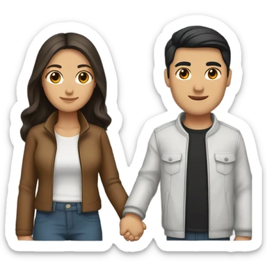 a couple holding hands. the guy has black middle part hair and is Persian and Filipino mix, wearing a jacket. the girl has brown hair white and asian mix, wearing a crop top. sticker