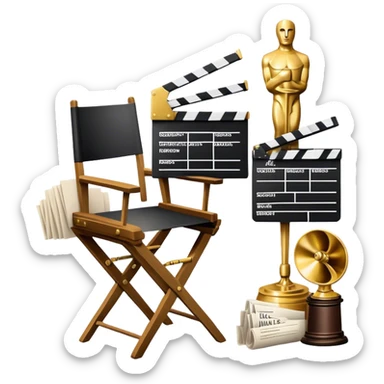 Icon for Directing: professional collage with director's chair, a film slate, a megaphone, a stack of script papers and an Oscar statuette. The icon should represent the creative and leadership aspects of directing, with focus on film and theater production. Transparent background. sticker