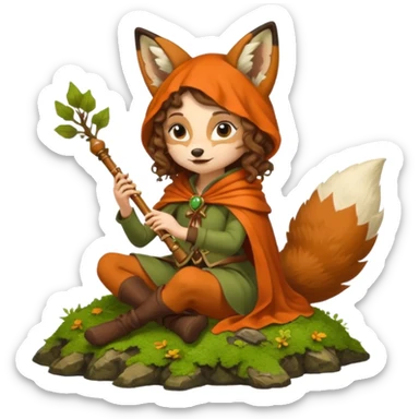 forest sticker character, woman with curly brown hair dressed as fox bard, tail cloak and ear hood, sitting on moss playing flute sticker