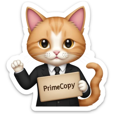 Cat in a black business suit holding a sign that says "PrimeCopy" sticker