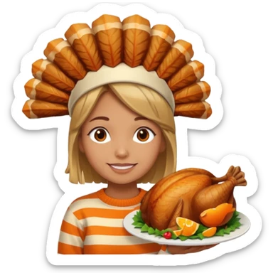 happy tan girl with an orange striped sweater and a cooked browned turkey on her head  sticker
