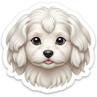 Cinematic Noble Wavy-Haired Maltese Dog Portrait Emoji, Poised and regal, with a delicate, compact build and a pristine, wavy-haired white coat that cascades in gentle curls, deep-set soulful dark eyes, Simplified yet sharp and sophisticated features, highly detailed, glowing with a soft, dignified glow, high shine, intelligent and gentle, stylized with an air of refinement, focused and attentive, soft glowing outline, capturing the essence of a watchful and graceful companion, so majestic it feels as though it could prance out of the screen with effortless authority! sticker