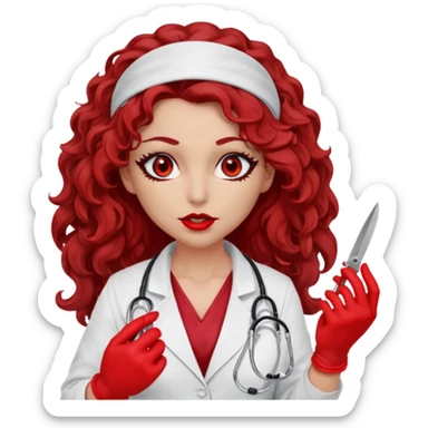 Lilith scalpel in hand, evil surgeon sexy surgeon clothes.  She has red eyes. She brown long curly hair. Wears sexy doctor outfit with red gloves. Hides mouth necknose with red bandana to hide her identity. Hair is long and brown sticker