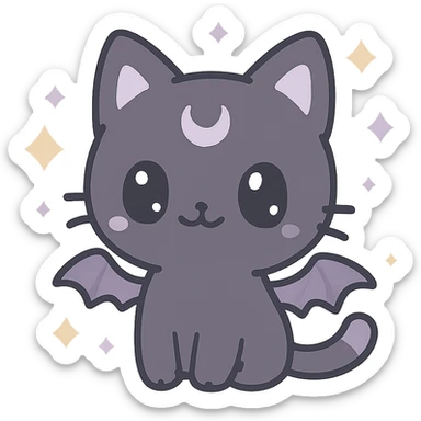 kawaii style magical gothic cat, happy face, black fur with purple accents, surrounded by magical sparkles, tiny bat wings, fun and mystical sticker