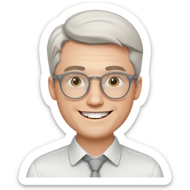 30 yr old pale white man, white/grey side swept stylish hair, round glasses, big smile, white teeth, handsome, longer hair, thin glasses, white dress shirt sticker