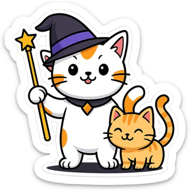 A cat wizard with a pointy hat and a magic wand with a cat companion, sticker style. sticker