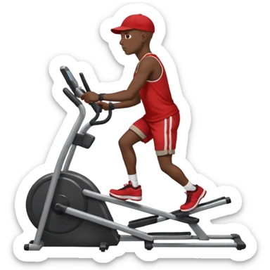 dark skin bald African American man on elliptical machine with red tank shirt and black shorts and backwards facing baseball hatcap sticker