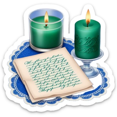 A nostalgic love letter with deep green handwriting, resting on lace fabric next to a glass candle in a royal blue hue. sticker