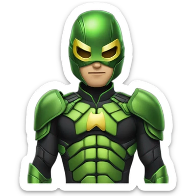 A superhero wearing an armored green and black suit inspired by Kick Ass and the Dragon Fly from super hero movie, the suit has a yellow M shaped emblem in the middle of the chest sticker