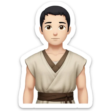 medieval summer outfit worn by a DnD themed fantasy male character. sleeveless peasant-style tunic made of coarse linen, slightly oversized. clothes only above the waist. The clothes full waist. The character's haven't arms. character is white-skinned, black hair, brown eyes, shaved head. sticker