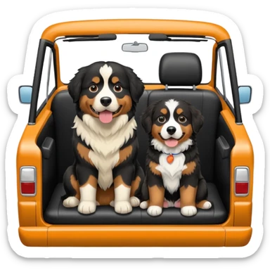 Cream colored ford bronco with no roof and an adult Bernese mountain dog in the seat sticker