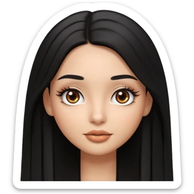 pretty cartoon girl, semi-realistic 3D emoji style, long middle parted straight black hair, tan skin, brown eyes, long eyelashes, soft glam makeup, glossy lips, smooth skin, cute aesthetic,  sticker