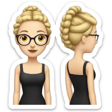white woman with blonde pigtail braids and large dark rimmed glasses and a square neckline black dress sticker