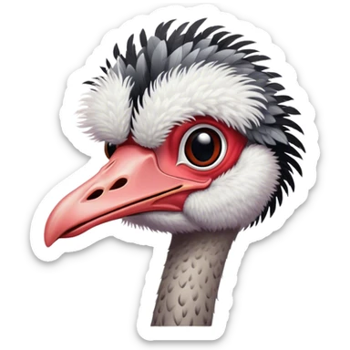 Full picture of an ostrich with black and white feathers on the body, fluffy grey head feathers, pinkish-red neck, and red legs. sticker