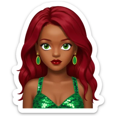 Rihanna with dark red long hair, green sequin crop top, hazel eye sticker