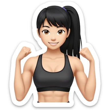 Asian women with muscle on thick strong 2 arms and abs. Black long straight hairs no pony tails, straight bangs, light skin, flirty smiles, black sports bra sticker