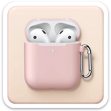 Pastel pink AirPods case on top of a beige travel journal, minimal setup sticker