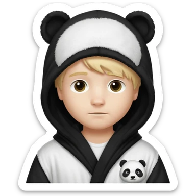 Create a blond boy with long, messy hair, light eyes, a white t-shirt, rich, with long hair, blue eyes, medium-length, voluminous hair, wearing a black Nike bathrobe and a little blush near his nose. and with a panda balaclava, but showing her hair. sticker