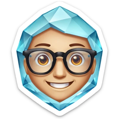 A single crystal gemstone character wearing glasses, chunky and irregular with faceted very sharp sides, smile, , high detail, sticker