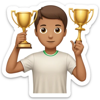 male tennis player holding a trophy that says champ sticker