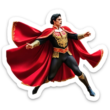 ​Cinematic Realistic Spanish Matador Holding a Red Cape, depicted in mid-action with a vibrant red cape flowing in the wind, dressed in an ornate traje de luces with shimmering details, confronting a charging bull in a dramatic arena, rendered with dynamic motion blur and vivid, high-contrast lighting, sticker
