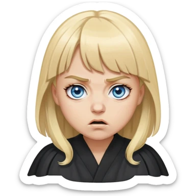 Very Angry with small blue eyes, blonde hair with bangs, circles under her eyes from being tired,wearing a black judges robe sticker