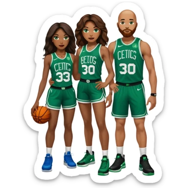 48-year-old black woman with brown eyes, long dark brown balayage hair dressed in sexy 
celtics jersey costume outfit & stilettos with bald white man with ginger beard, and he has blue eyes, wearing a Jason Tatum Boston Celtics Jersey, matching Nike sneakers  sticker