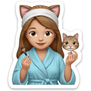 A image of a girl with light long brown hair wearing a bathrobe and headband doing her makeup with her chubby grey tabby cat. She is smiling sticker