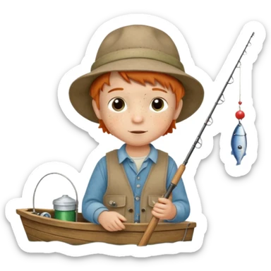 Little boy on the dock fishing, felt texture, scrapbooking, precious moments style character sticker